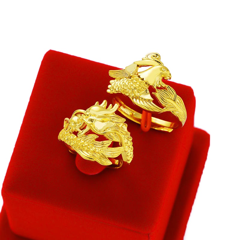 Goldkingdom Aksesoris Perhiasan Fashion Ready Stock Legacy Craft Lapis Emas Kuning Naga Phoenix Cincin Pasangan Cincin Hidup