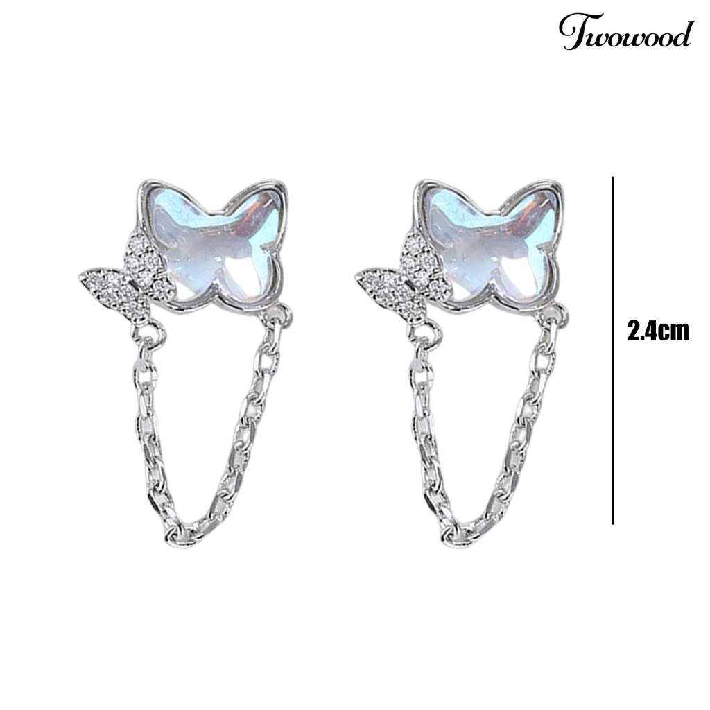 Twowood 1pasang Ear Studs Mini Faux Moonstone Elegan Berlian Imitasi Tertanam Kupu-Kupu Rantai Wanita Anting Fashion Perhiasan