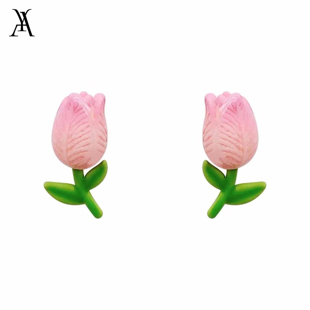 AY(CN) Anting Stud Desain Bunga Tulip Pink Daun Hijau Untuk Wanita