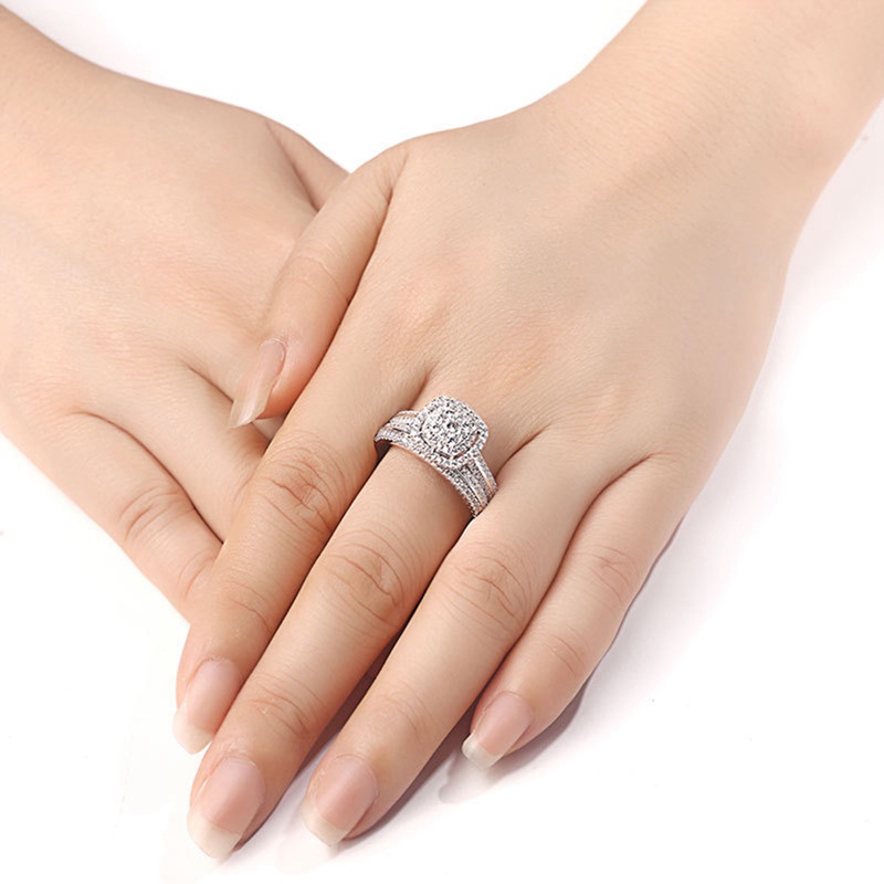 Klasik 2Pcs/Set Cincin Kawin Untuk Wanita Warna Perak Mewah Briliant Cubic Zirconia Temperamen Elegan Perhiasan Perempuan