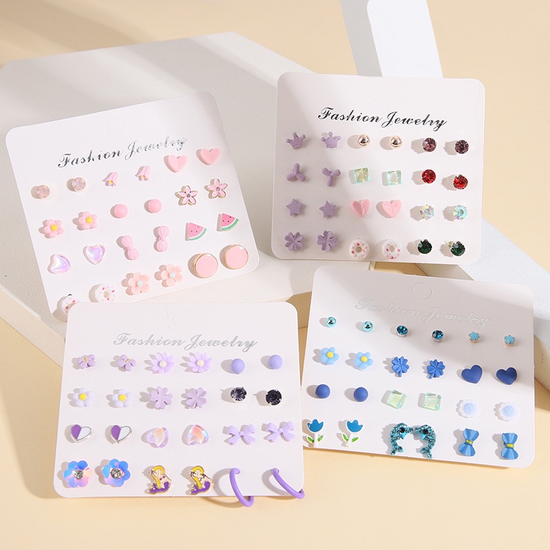 12pasang/set Sederhana Fashion Hati Bintang Bunga Anting Tusuk Donat Dolphin Mermaid Earrings Jewelry Untuk Wanita Anak