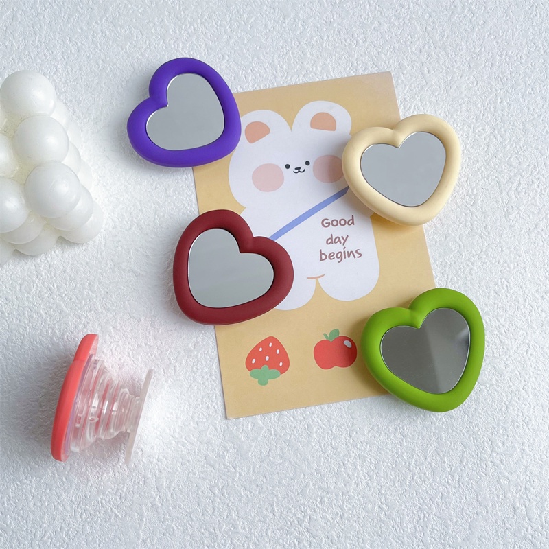 Ins Love Heart Mirror Phone Holder/Cincin Jari Korea Lembut Silikon Stretchable/Bracket Penyangga Ponsel Universal