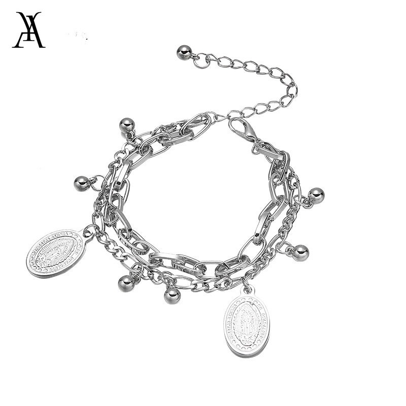 AY(CN) Retro Multilayer Bracelet Korean Silver Coin Fashion Pendant Chain Accessories Jewelry Personalized Gifts