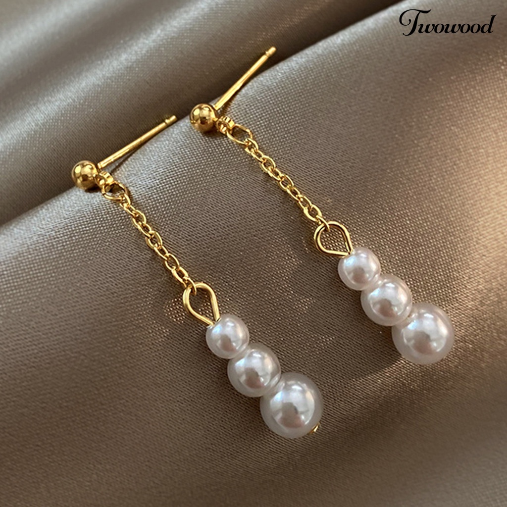 Twowood 1pasang Anting Pejantan Dainty Elegan Golden Hypoallergenic High Gloss Faux Pearl Rumbai Menjuntai Earrings Fashion Jewelry