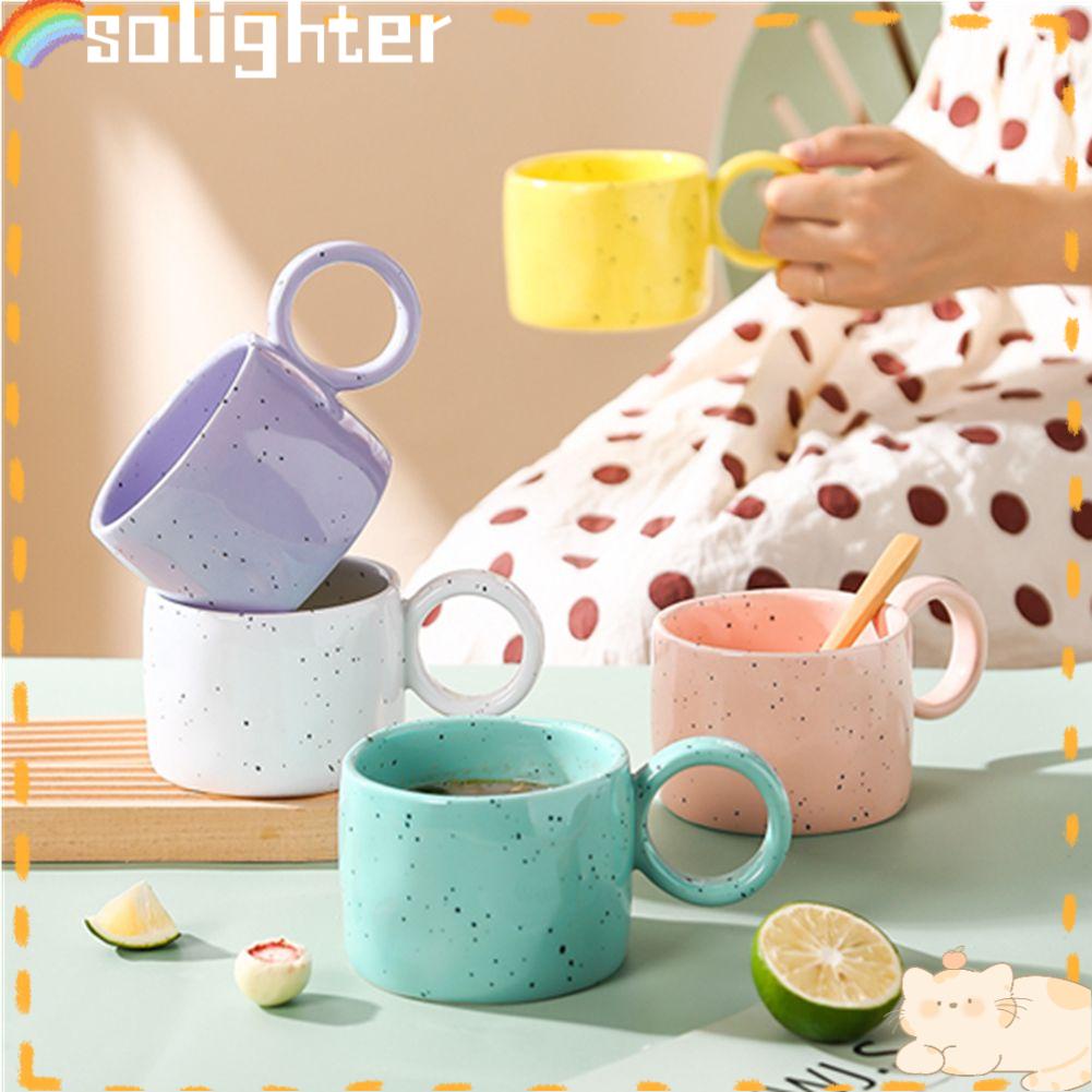 Solighter 300ML Mug Keramik Cangkir Bar Perlengkapan Hadiah Permen Warna 300 ml Couple Handle Cups Milk Cup Sesame Ceramic