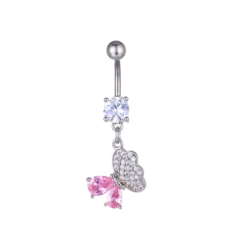 Drop Liontin Pusar Cincin Kristal Kupu-Kupu Zirkon Menjuntai Tindik Pusar Stainless Steel Belly Button Rings