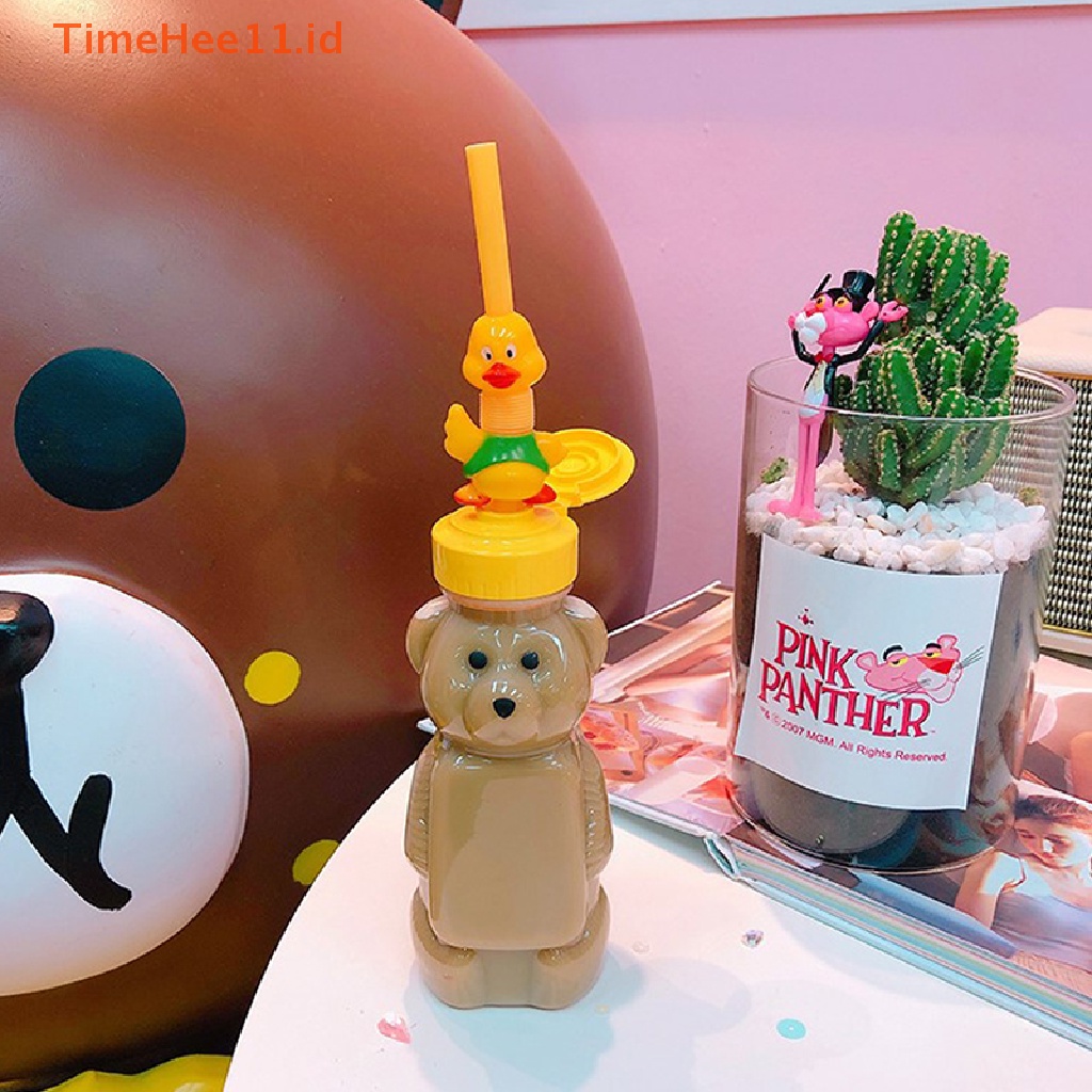 Timehee Botol Air Straw Cup Beruang Kartun Lucu Dengan Tutup Sedotan Plastik Hewan Untuk Anak ID