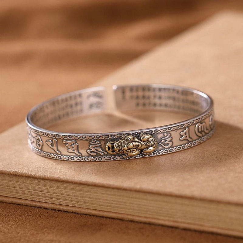 Pixiu Kekayaan Keberuntungan Pesona Gelang Terbuka Untuk Pasangan/Wanita Pria Vintage Perak Enam Karakter Truth Adjustable Bangle