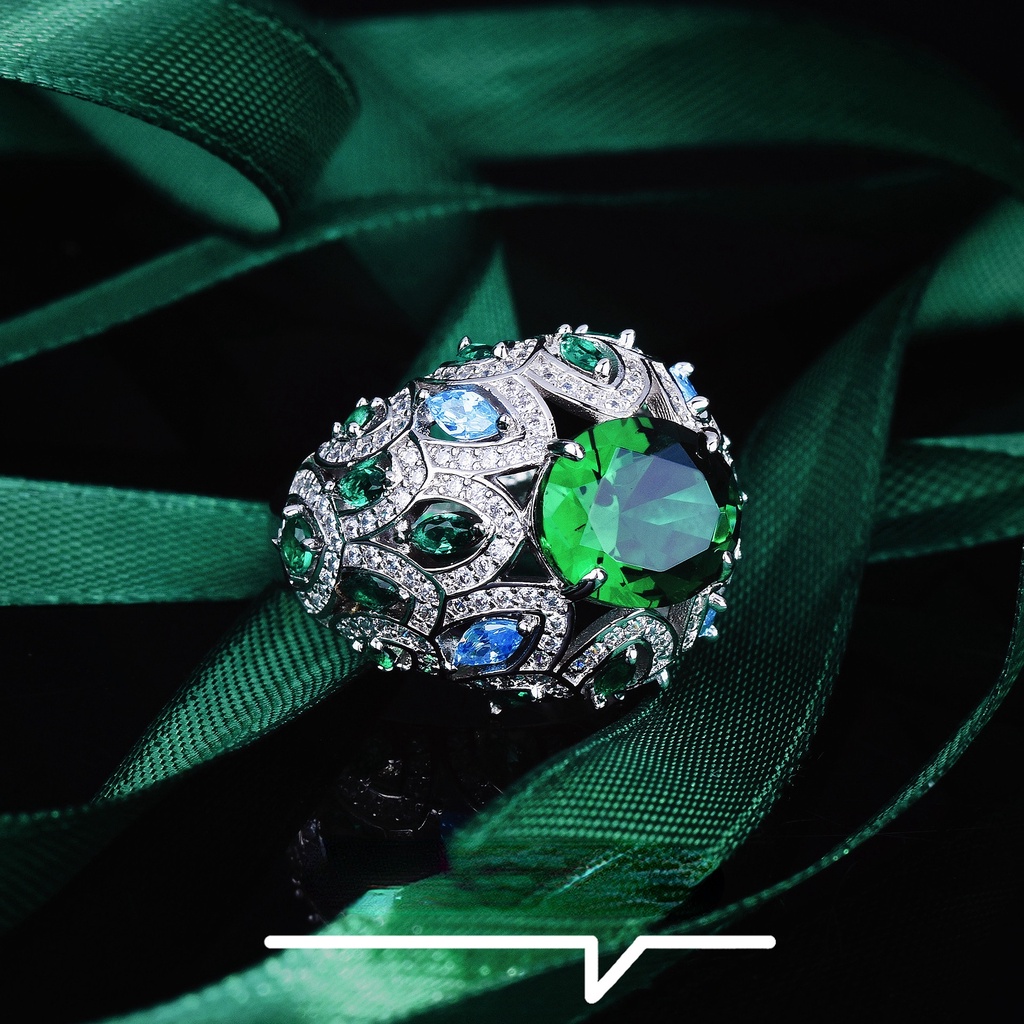 Goldkingdom Aksesoris Perhiasan Fashion Ready Stock Gaoding Jewelry Desainer Kemuliaan Raja Segalanya Mewah Micro Full Berlian Zamrud Dibuka Cincin Harta Karun Warna-Warni