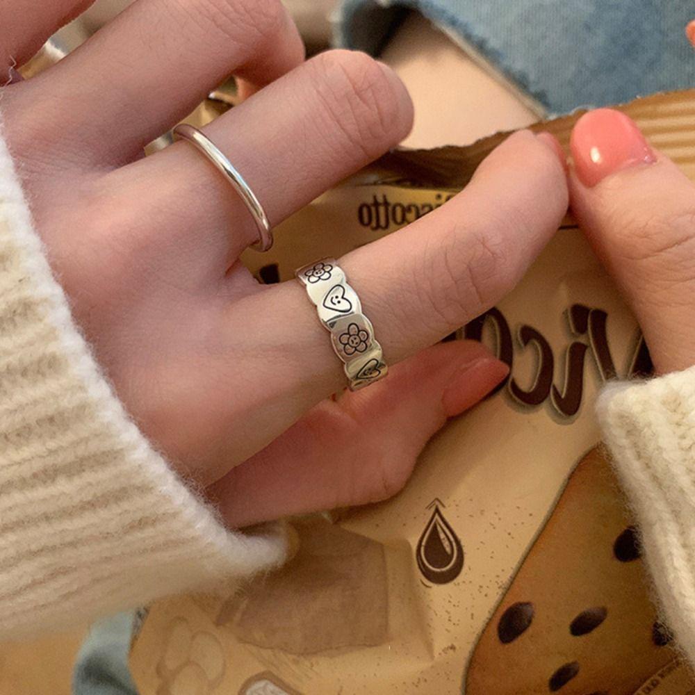 Mxbeauty Wanita Terbuka Cincin Hadiah Wajah Senyum Manis Kepribadian Tidak Teratur Hati Bunga Cincin Gaya Korea Rings