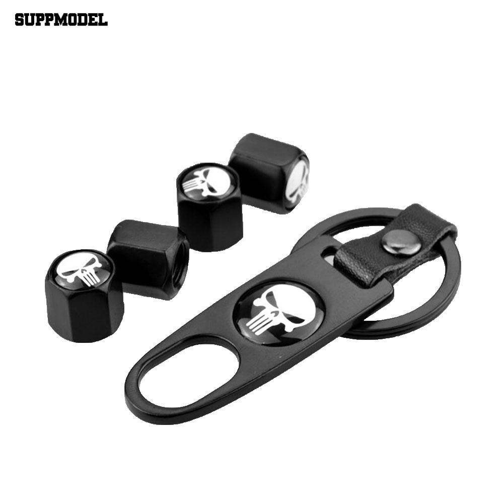 Suppmodel Ban Roda Mobil Tire Stem Air Valv-e Caps Key Chain Wrench Set Skull Punisher