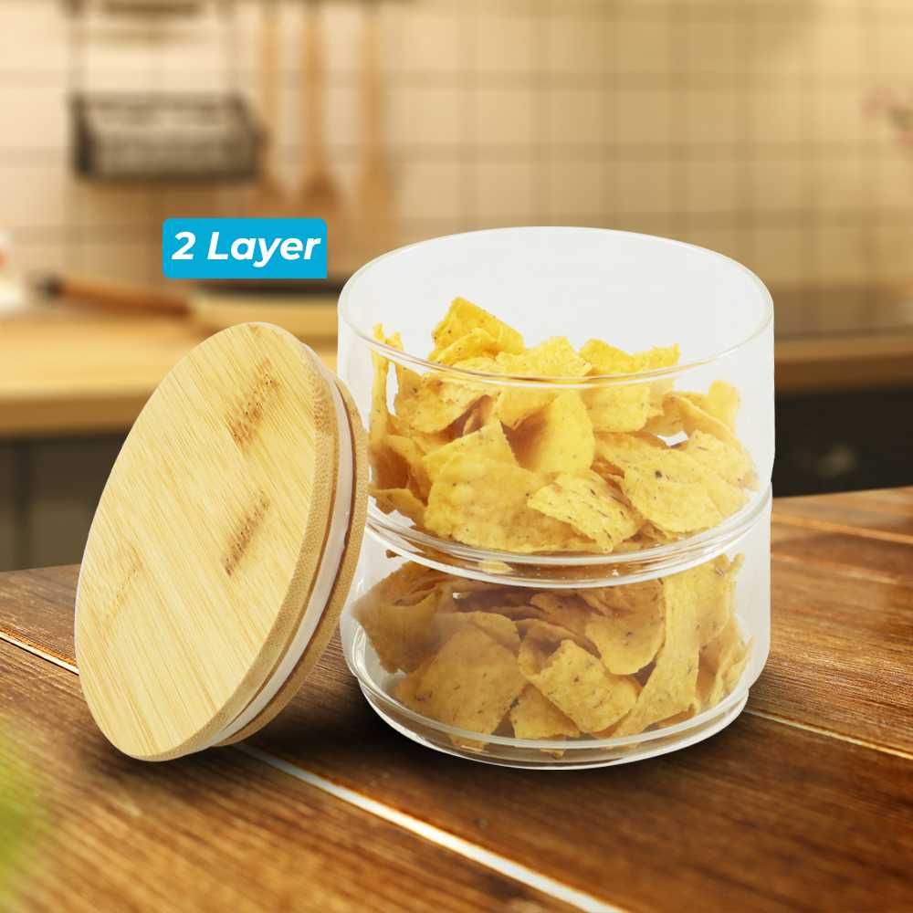 (BISA COD) FTIHSHP INTERNAUL Toples Kaca Penyimpanan Makanan Bamboo Cover 2 Layer - YS-7061