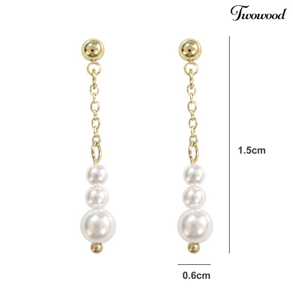 Twowood 1pasang Anting Pejantan Dainty Elegan Golden Hypoallergenic High Gloss Faux Pearl Rumbai Menjuntai Earrings Fashion Jewelry