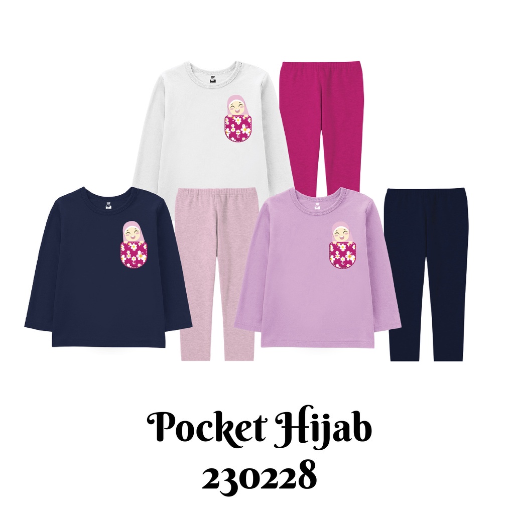 Setelan Muslim Panjang Anak Perempuan Seri Pocket Hijab Usia 2-8 Tahun Bahan Katun Combed 30s Premium