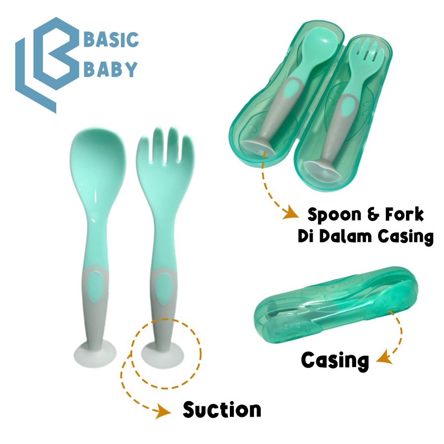 Basic Baby - Travel Suction Feeding Spoon Fork Set with Case