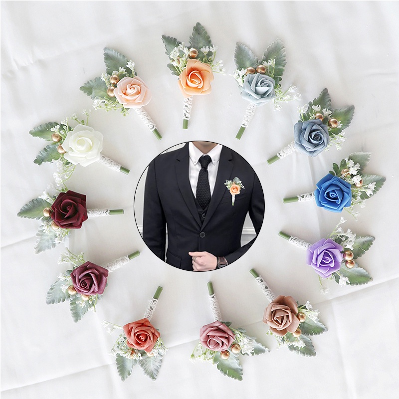 Bunga Pergelangan Tangan Pernikahan Pria Lubang Kancing Korsase Mawar Boutonniere Gadis Gelang Pengantin Pria Pin Bridesmaid Wrist Korsase Aksesoris Nikah