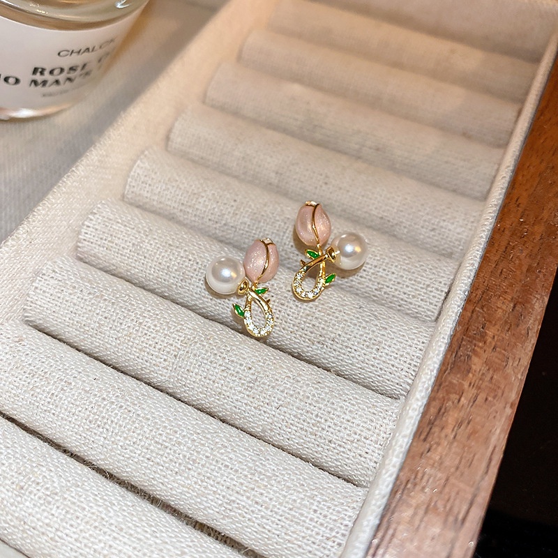 Anting Bunga Tulip Mutiara Fashion Korea Manis Fashion Anting Bunga Pink Perhiasan Wanita Korea