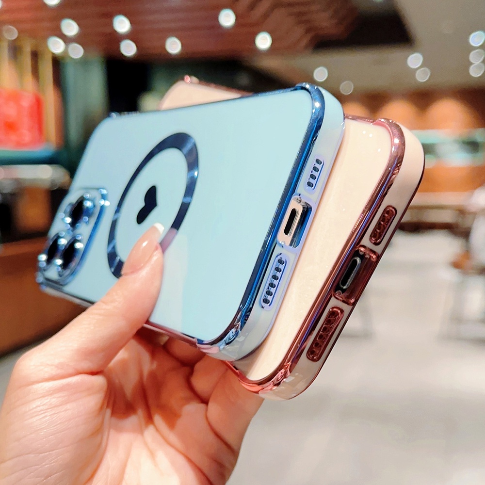 IPHONE Casing Cinta Hati Plating Mewah Untuk Iphone14 13 12 11 Pro Max Plus Magnetic Wireless Charger Lembut Penutup Silikon