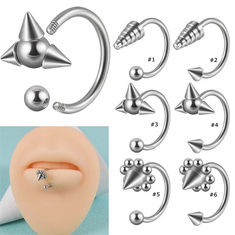 1biji Gaya Punk Spike Tapal Kuda Stailness Steel Lip Ring Cincin Hidung 16Gauge Telinga Lobe Piercing 16Gauge Unisex