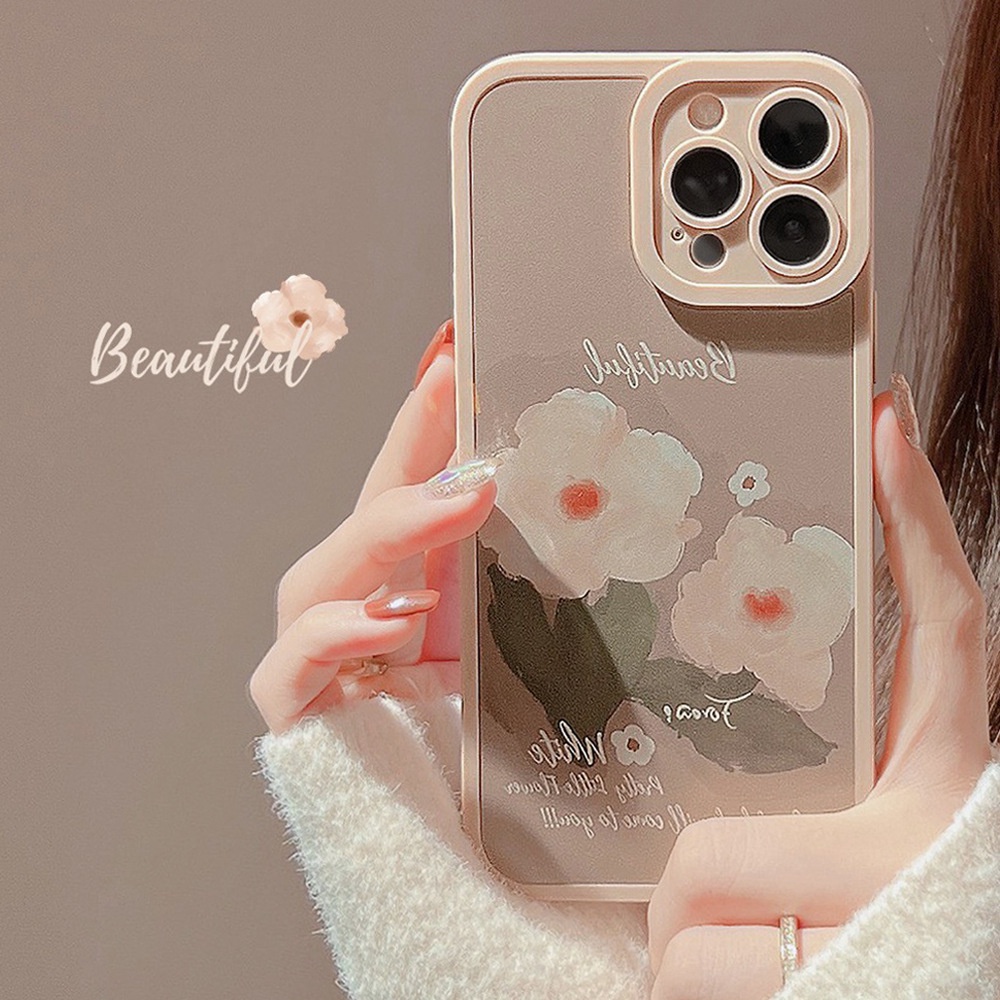 IPHONE [Mata Kucing] Soft Case TPU Anti Slip Untuk Iphone7Plus8 Plus X XS XR XS Max11 13 12 14 PRO Max14 Plus ins Fashion Abu-Abu Lukisan Minyak Bunga Wanita