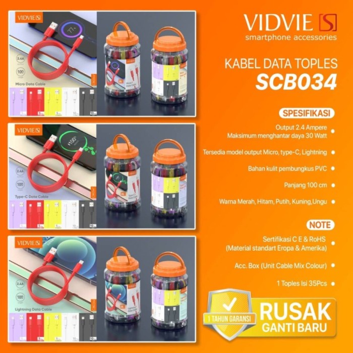 Vidvie S Kabel Data 2.4A Fast Charging (25pcs/Botol) CB034 - Iphone