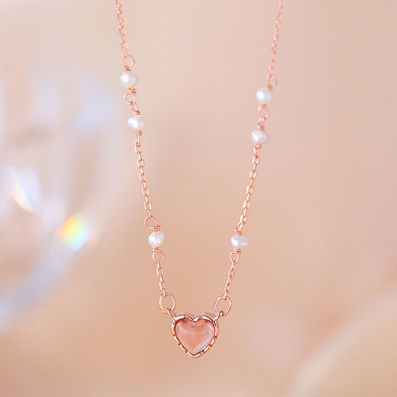 Sweet Pink Moonstone Heart Necklace Pearl Silver Liontin Rantai Choker Untuk Aksesoris Perhiasan Wanita