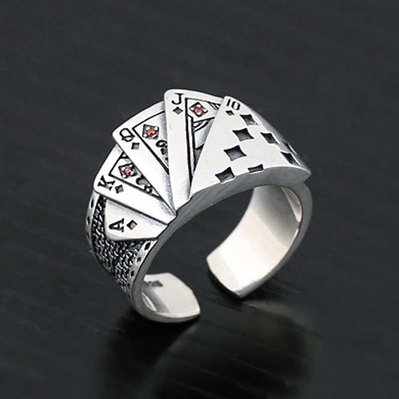 Retro Cincin Kartu Poker Untuk Wanita Pria Lurus Flush Rings Unisex Perhiasan Aksesoris Trendi