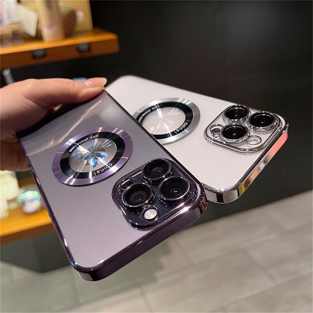 Luxury metal magnetic case iPhone 14 Pro Max Plus case iPhone 13 12 Pro Max Kamera Perlindungan Lensa hollow logo Kreatif Lensa shock protection clear case