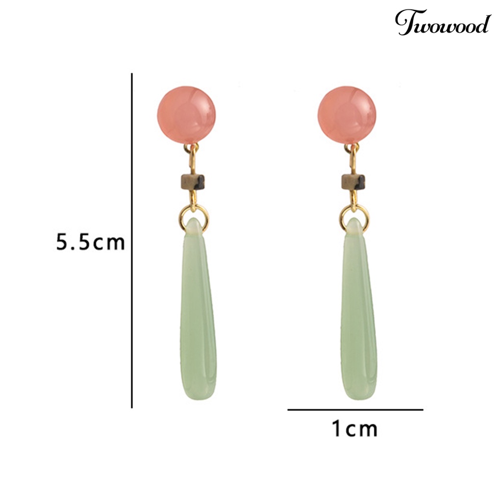 Twowood 1pasang Anting Menjuntai Gaya Cina Elegan Mulia Giok Imitasi Kalsedon Manik Drop Earrings Perhiasan Aksesoris