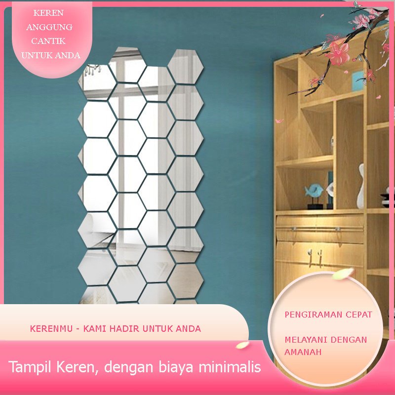 Cermin Hexagonal Kerenmu Keren 12 pcs E416 Kaca Hexagonal Ukuran Kecil Hiasan Dinding Wallpaper Stic