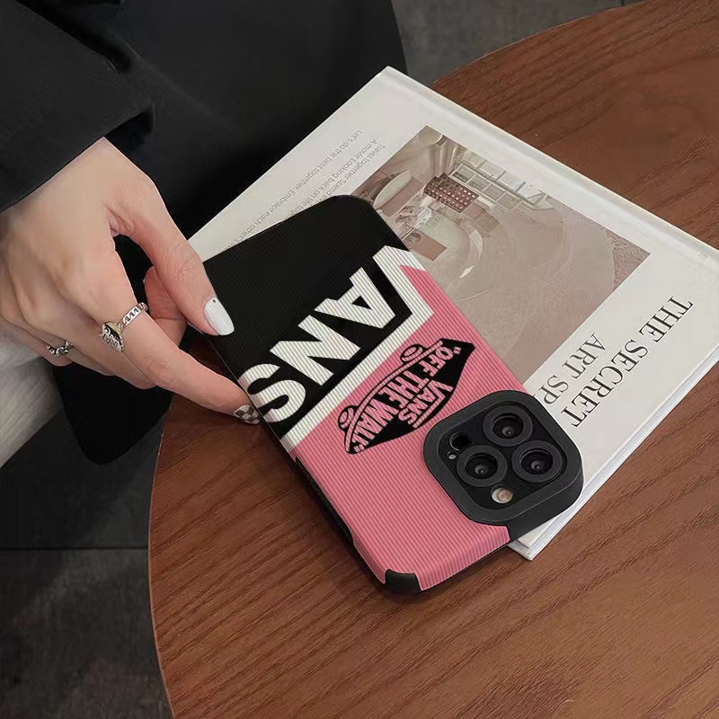 【Lamb Skin】Cool Black and Pink Vans Soft Case for IPhone 6S 7 Plus 8 Plus X XS XR XS Max 11 13 12 14 PRO Max 14 Plus 12 13 Mini Camera Protect Fashion Baolongwish Casing