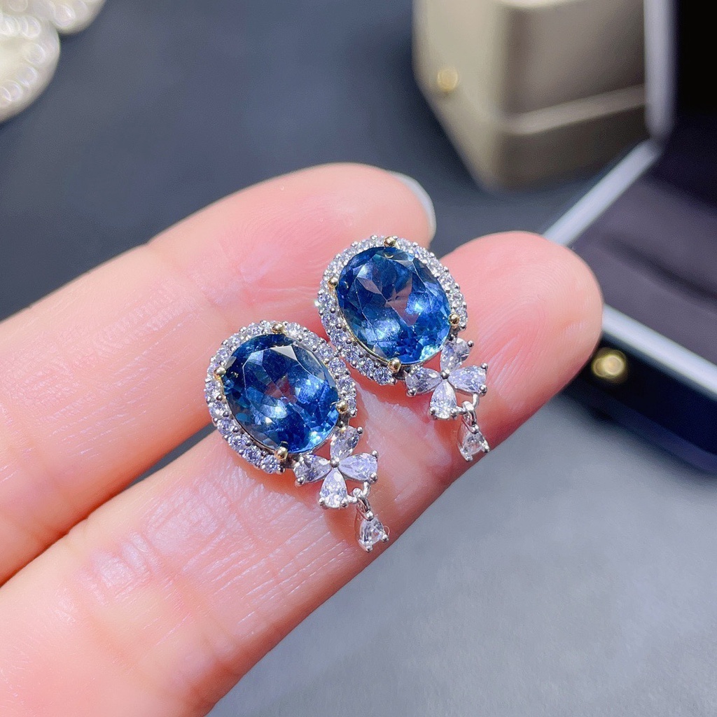 Goldkingdom Fashion Perhiasan Aksesoris Ready Stock Alami London Biru Topa Batu Anting Perempuan Eropa Amerika Cahaya Mewah Super Flash Laut Biru Harta Anting