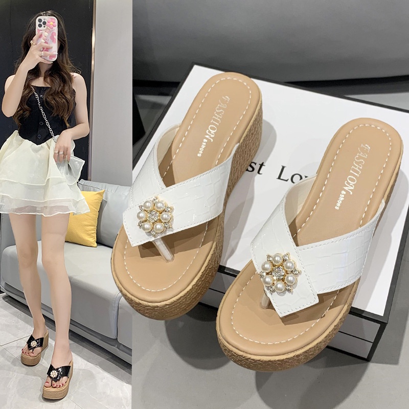 [LC] 1512 Sepatu Sandal Wanita Wedges 1288 Mutiara Jepit heel 7 cm ELEGAN CANTIK Heels Hak Pesta Kerja Keren Trend Casual Kualitas Bagus Impor