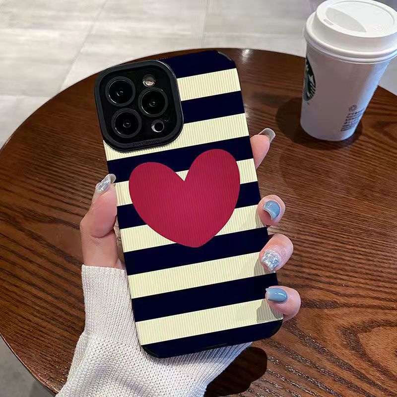 【Lamb Skin】Striped Red Heart Leather Soft Case for IPhone 6S 7 Plus 8 Plus X XS XR XS Max 11 13 12 14 PRO Max 14 Plus 12 13 Mini Camera Protect Phone CASE