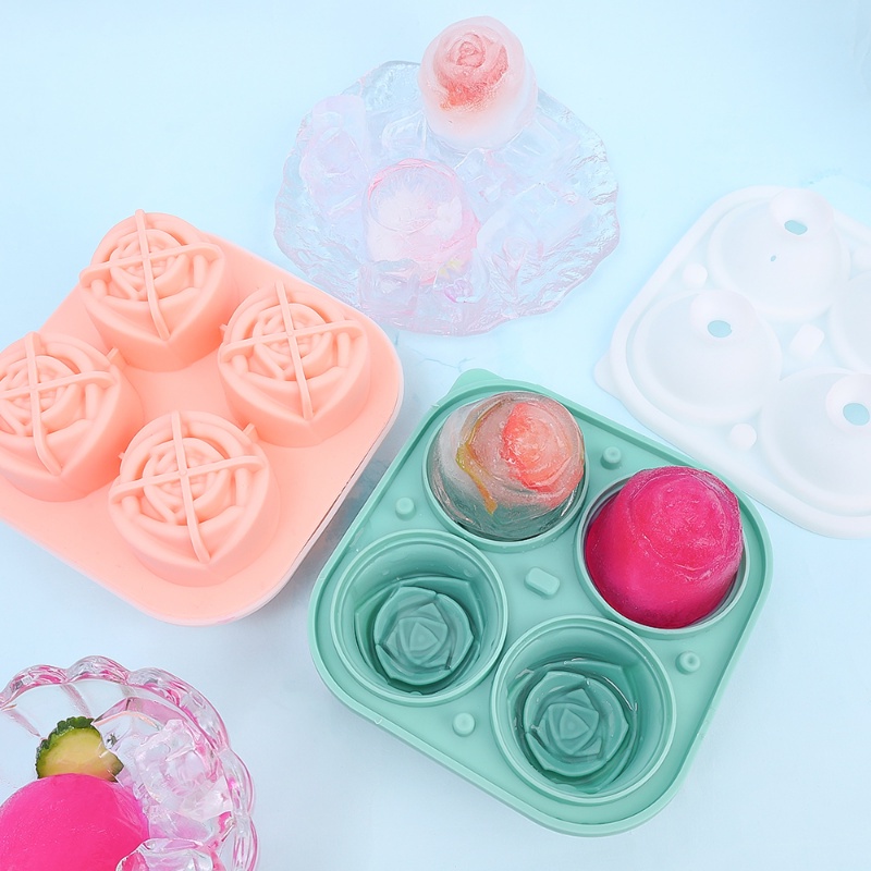 Cetakan Es Batu Silikon Food Grade 4 Cavity Bunga Mawar Icy Ball Mould Easy-Demoulding Juice Model Hoki Reusable Ice Cream Making Cup Untuk Rumah Pub Dessert Shop
