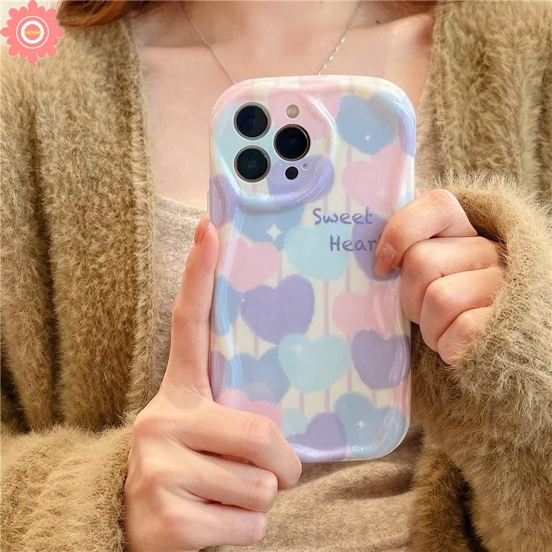 IPHONE Ins Lukisan Cat Minyak Cinta Hati Casing Kompatibel Untuk Iphone11 13 12 14 Pro Max XR 7plus 6s 6 7 8 Plus X XS Max SE 2020 3D Wavy Curved Edge Soft Tpu Shockproof Airbag Glossy Case