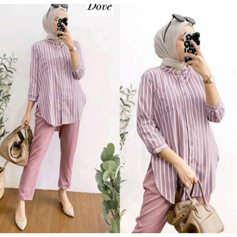 One Set Salur | One Set Kemeja Wanita Garis Salur trend Kekinian