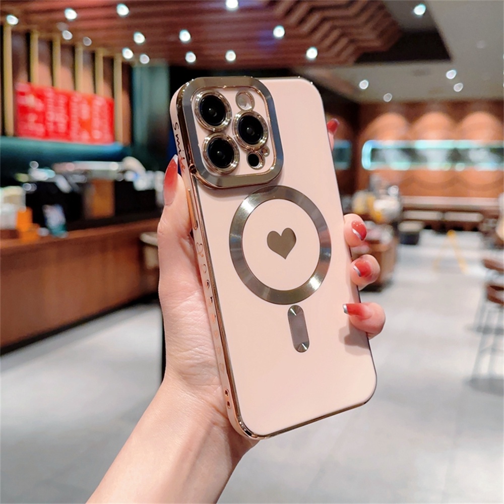 IPHONE Cinta Hati Soft Plating Case Untuk Iphone14 13 12 11 Pro Max Perlindungan Lensa Nirkabel Pengisian Shockproof Penutup Belakang