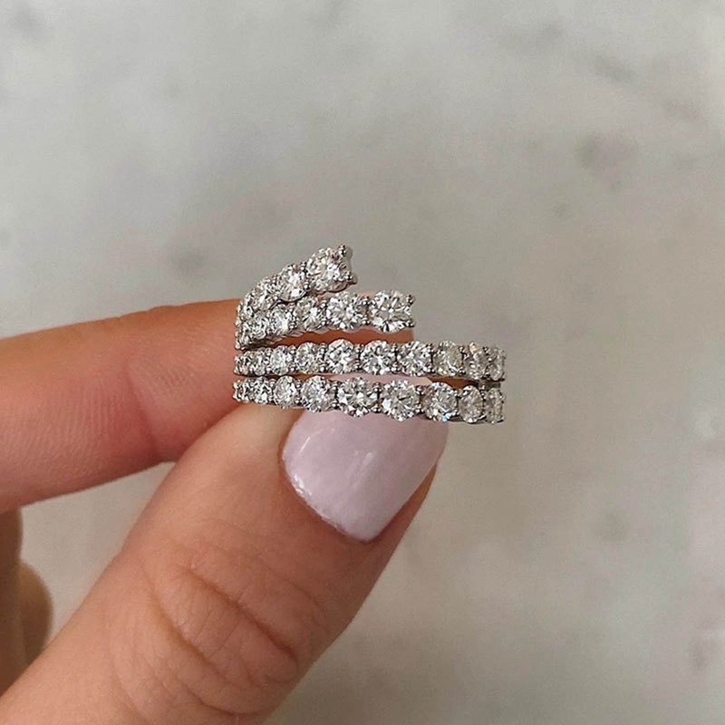 Sederhana Bergaya Garis Cubic Zirconia Cincin Wanita Warna Silver Band Bridal Pernikahan Aksesoris Perhiasan Modern Untuk Pesta Baru