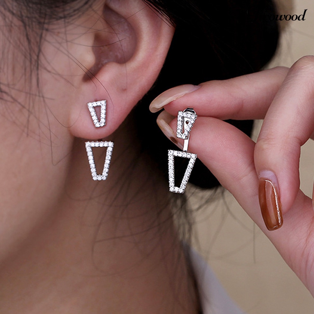 Twowood 1pasang Anting Tusuk Dual Wearing Ways Geometri Hadiah Warna Silver Berlian Imitasi Mengkilap Wanita Earrings Untuk Pacaran