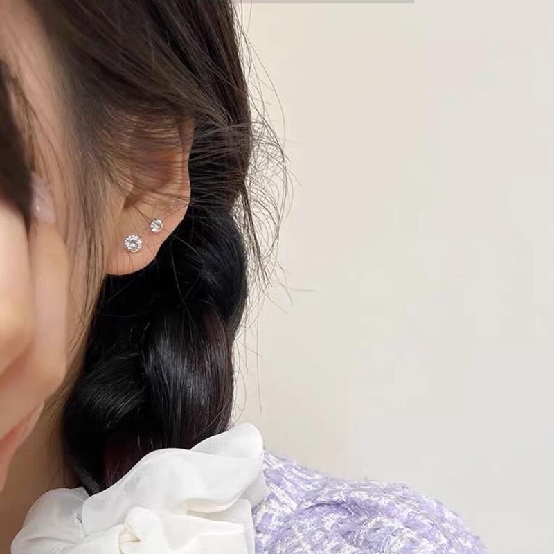 Roselife Unisex 1PC Anti Alergi S925 Silver Bola Zirkon Double-head Stud Earring Untuk Wanita Pria Chic Kristal Tindik Tulang Rawan Anting-Anting Pick Gratis Perhiasan Telinga