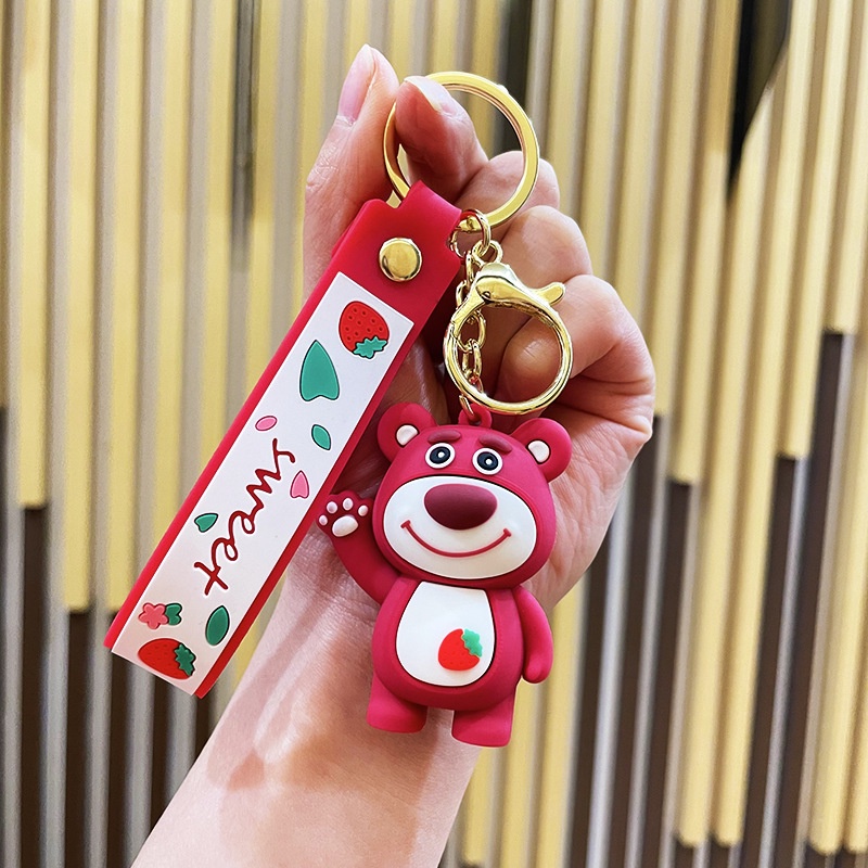 Net Merah Strawberry Bear Gantungan Kunci Lucu Kartun Beruang Halus Kunci Mobil Liontin Siswa Tas Sekolah Pendant