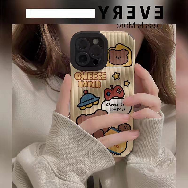 【Lamb Skin】Cute Cheese Lover Bear Soft Case for IPhone 6S 7 Plus 8 Plus X XS XR XS Max 11 13 12 14 PRO Max 14 Plus 12 13 Mini Camera Protect Women's Cartoon