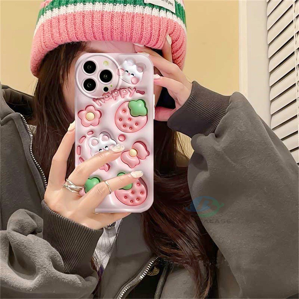 Casing hp Oppo A77S A57 A16 A16S A54S A16K A17 A5S A12 A3S A12E A92 A52 F1S A53 A33 A31 A9 A5 A15 A15S A54 F9 C1 A11K Cream Strawberry Rabbit Silikon Airbag Case Binteacase