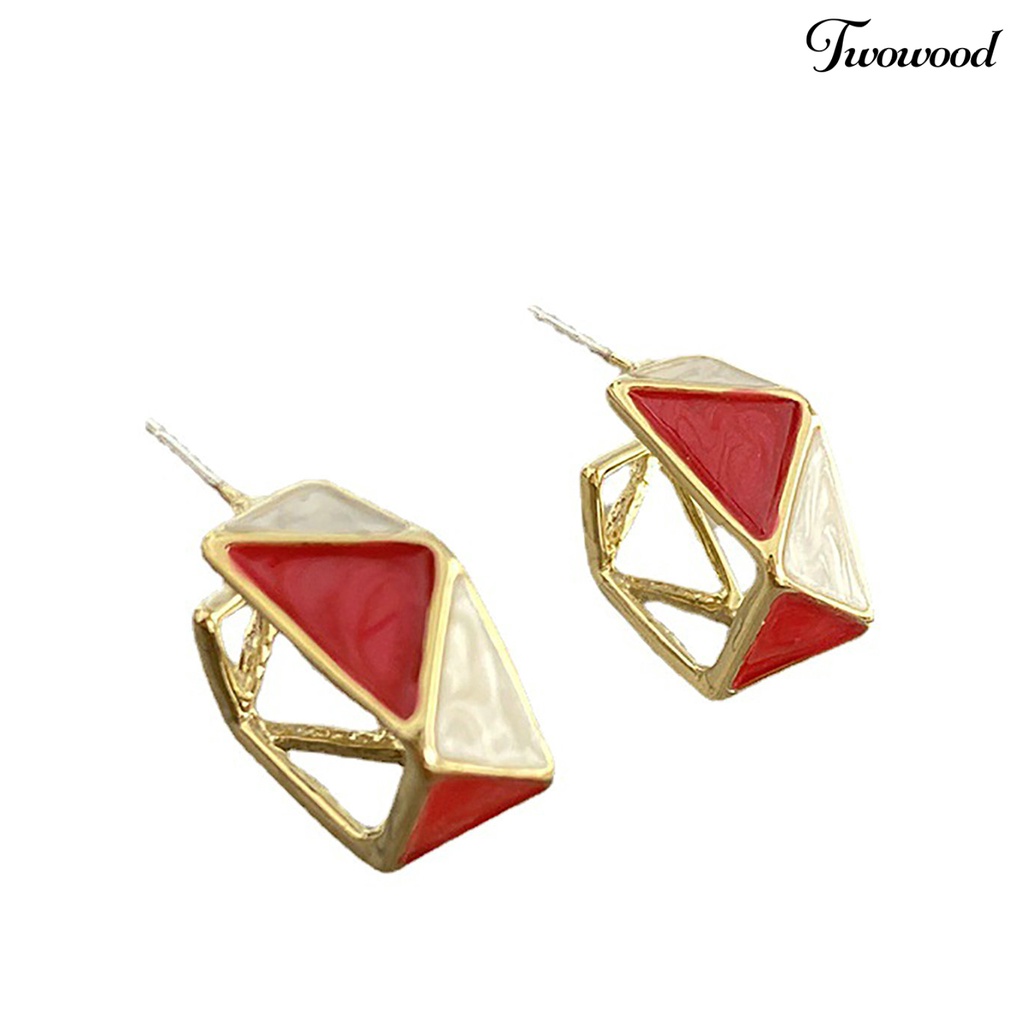 Twowood 1pasang Anting Stud Vintage Temperamen Geometris Sederhana Meriah Hias Warna Merah Wanita Belah Ketupat Liontin Drop Earrings Perhiasan Untuk Tahun Baru Cina