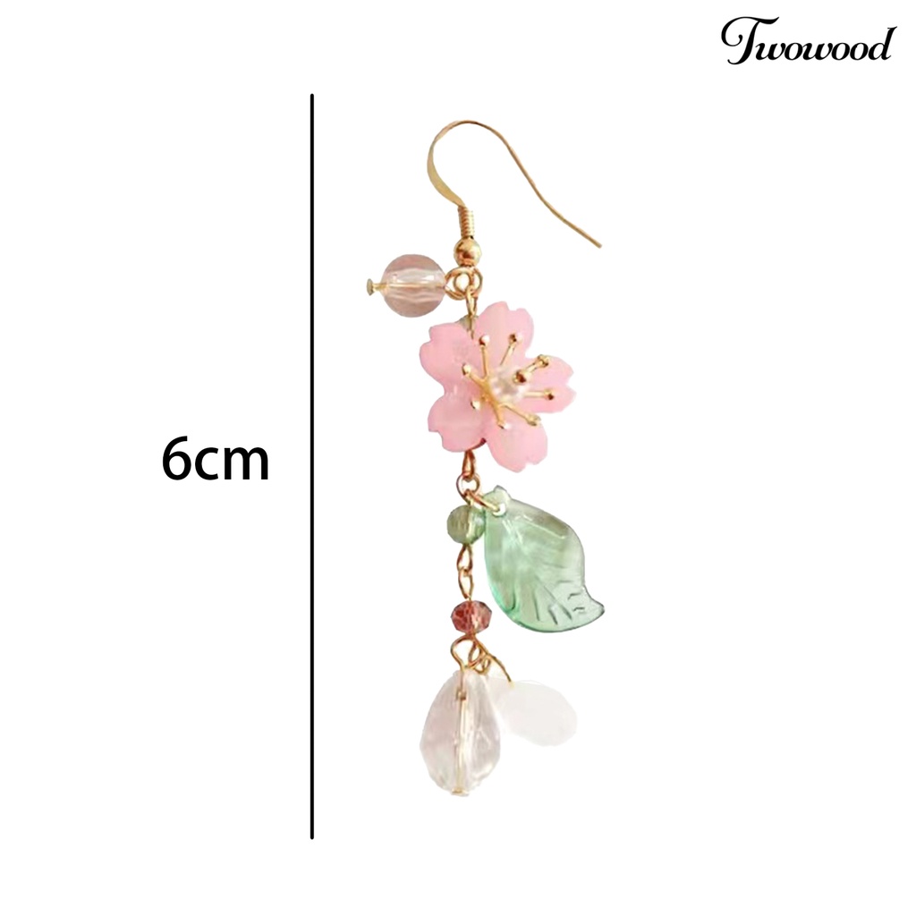 Twowood 1pasang Ladies Earrings Unik Chic Semua Pertandingan Panjang Elegan Hias Logam Bunga Sakura Menjuntai Anting Hadiah