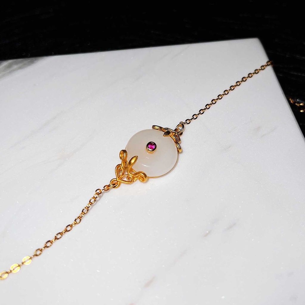 Goldkingdom Fashion Perhiasan Aksesoris Ready Stock Vintage Gaya China Klasik Pengadilan Teratai Gelang Imitasi Alami Hetian Giok Vietnam Pasir Emas Asli Kadar 375 Gold Gelang