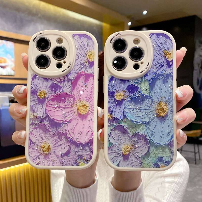 IPHONE Bagus!Ungu &amp; Biru Lukisan Cat Minyak Kembang Flash Soft TPU Case HP iP Iphone14 13 12 11 Pro Max FTD Casing Apple