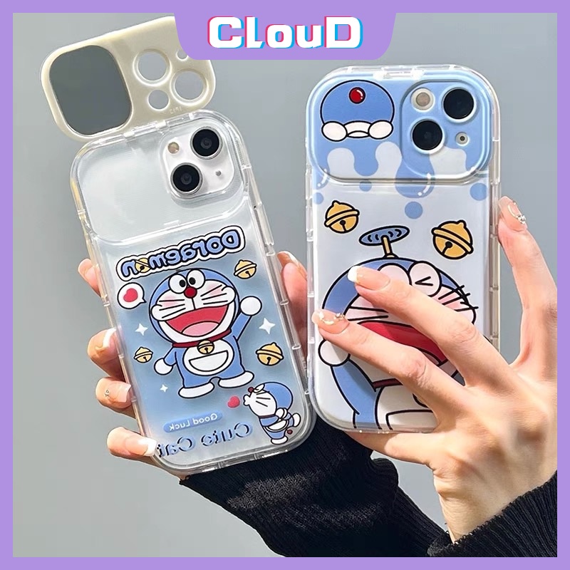 IPHONE Casing Doraemon Kucing Kartun Lucu Kompatibel Untuk Iphone11 14 12 13 Pro Max7 8 Plus XR X XS MAX SE 2020 Kreatif Flip Make Up Cermin Shockproof Lembut TPU Phone Cover