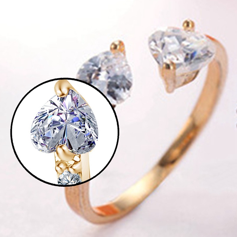 Wanita Zirkon Tembaga Terbuka Chunky Ring Jewellery Double Heart Ring